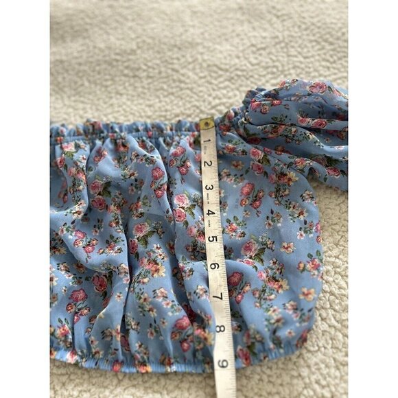 AVA + ESME  Short Puff Sleeve Blue/Pink Floral Chiffon On/Off Shoulder Crop Top - Picture 5 of 8